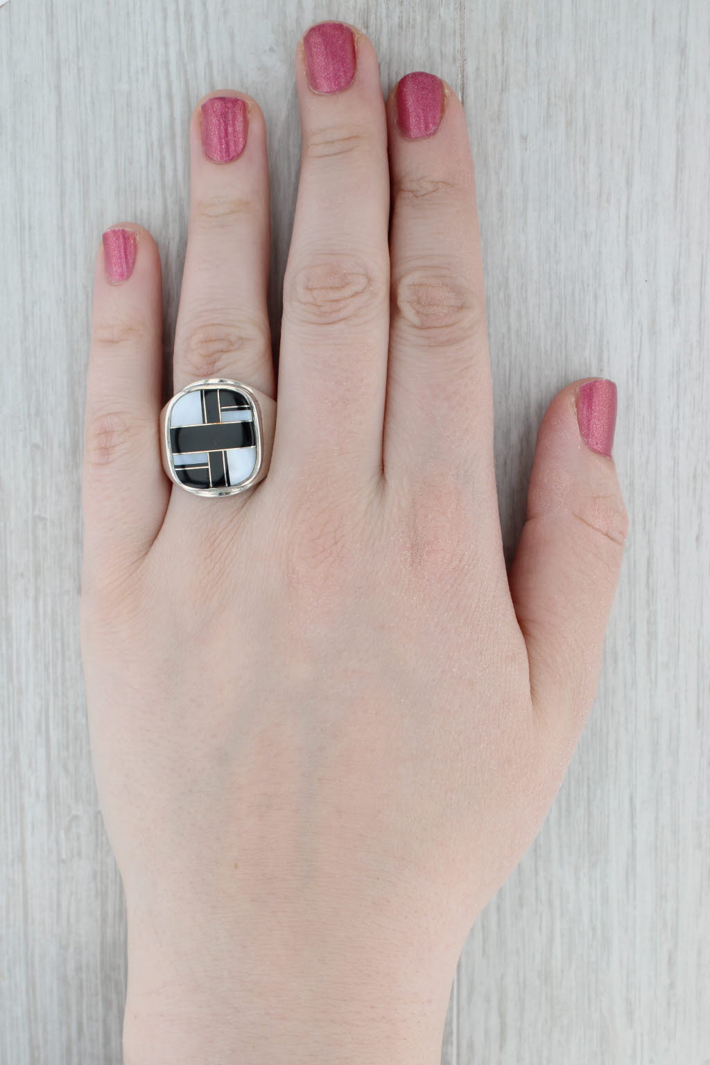 Gray Mother of Pearl Quartzite Mosaic Ring Sterling Silver Size 12 Angie Tom Navajo