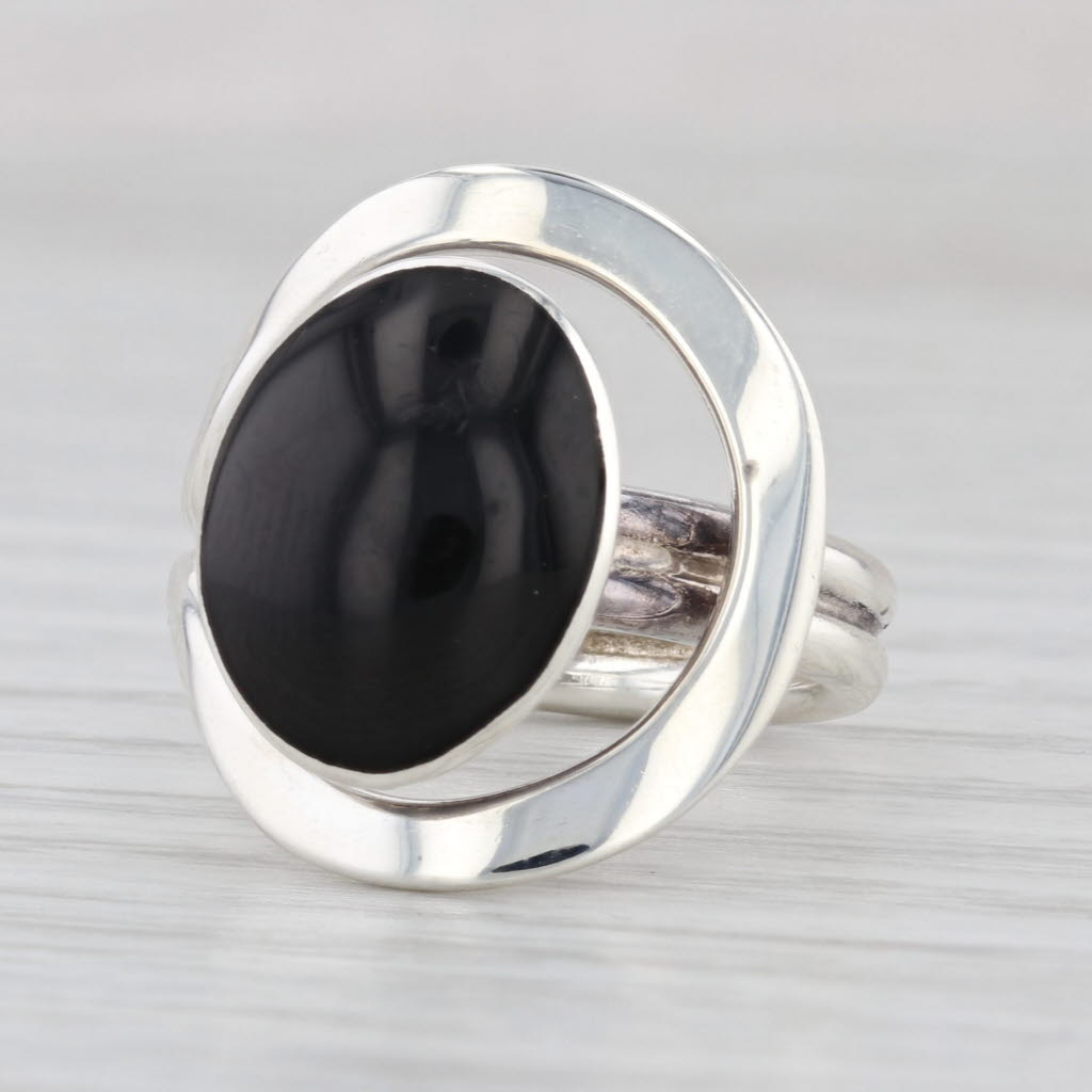 Black Resin Oval Cabochon Ring Sterling Silver Size 6 Adjustable