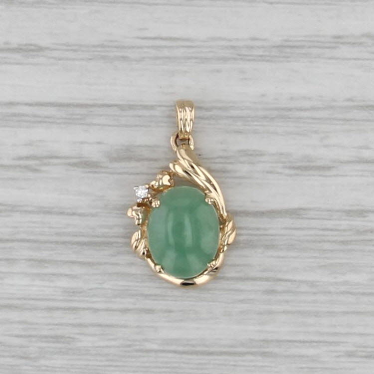 Vintage Green Jadeite Jade Oval Cabochon Pendant 14k Yellow Gold Diamond Accent
