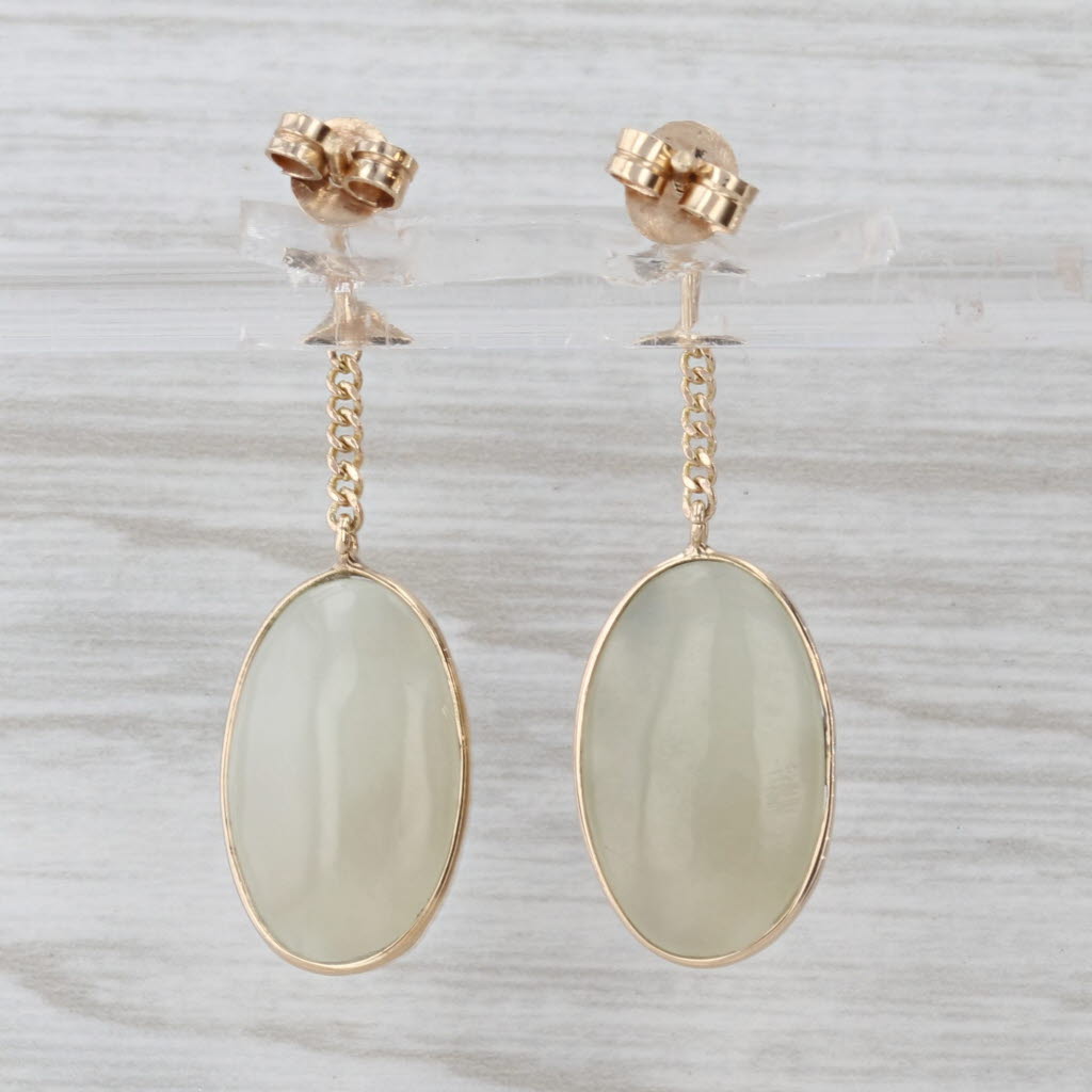 Green Nephrite Jade Flower Dangle Earrings 14k Yellow Gold Drops