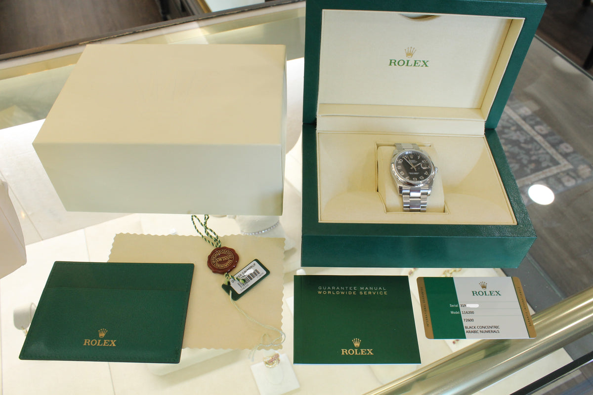 2015 Rolex Datejust 116200 36mm Mens Steel Watch Black Concentric Box Card Set
