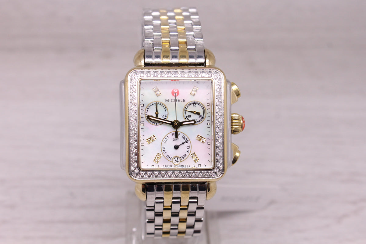Michele Deco 2 Tone Ladies Quartz Chronograph Watch MOP Diamond Dial Bezel MINT