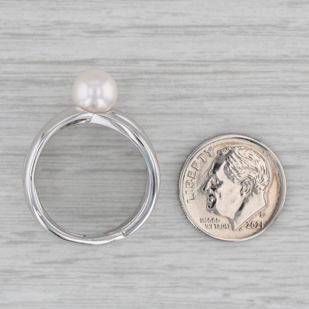 Gray Akoya Cultured Pearl Solitaire Ring 18k White Gold Size 8 Double Band