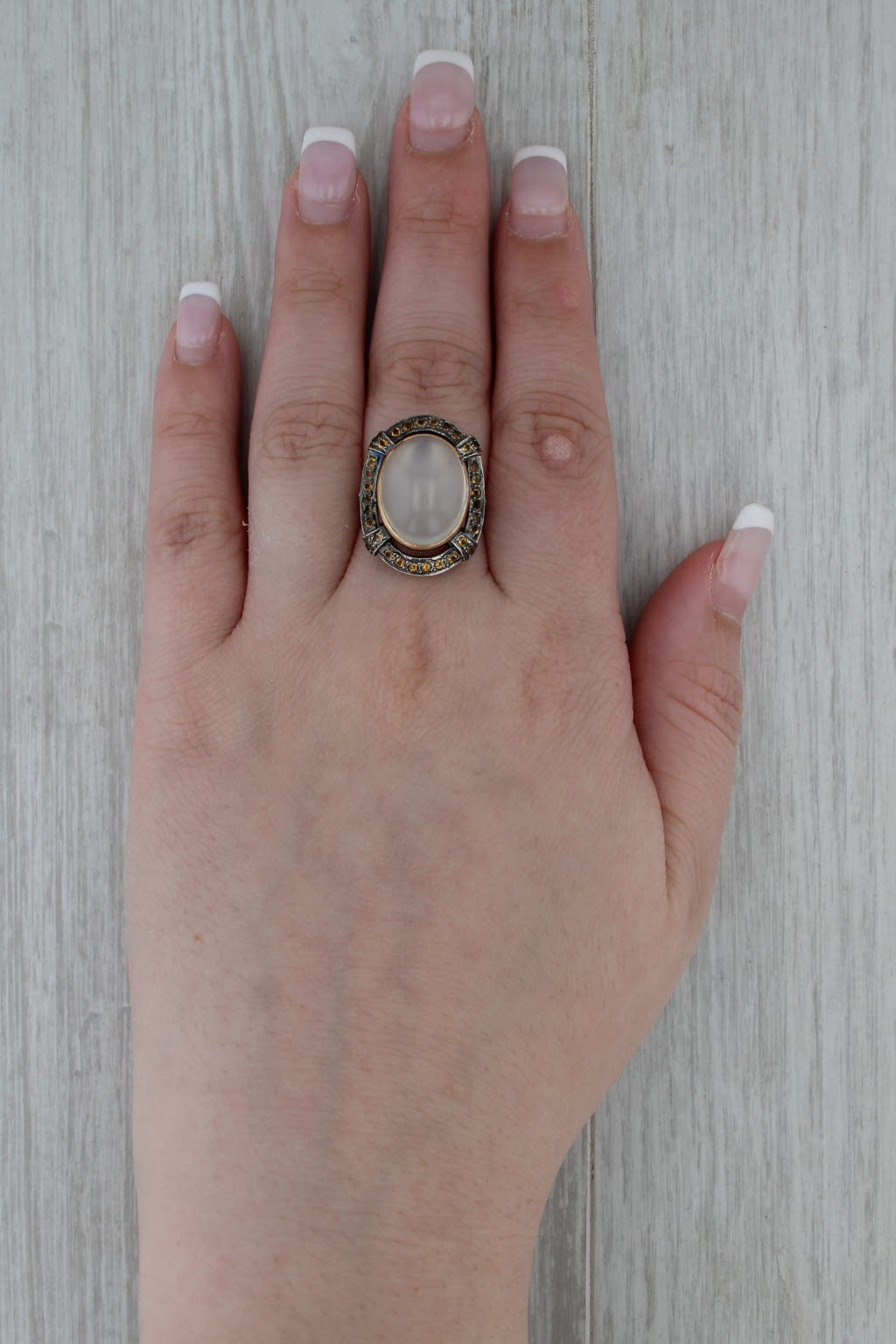 Vintage Cats Eye Moonstone Cabochon Citrine Halo Ring 18k Gold Silver Size 7.25