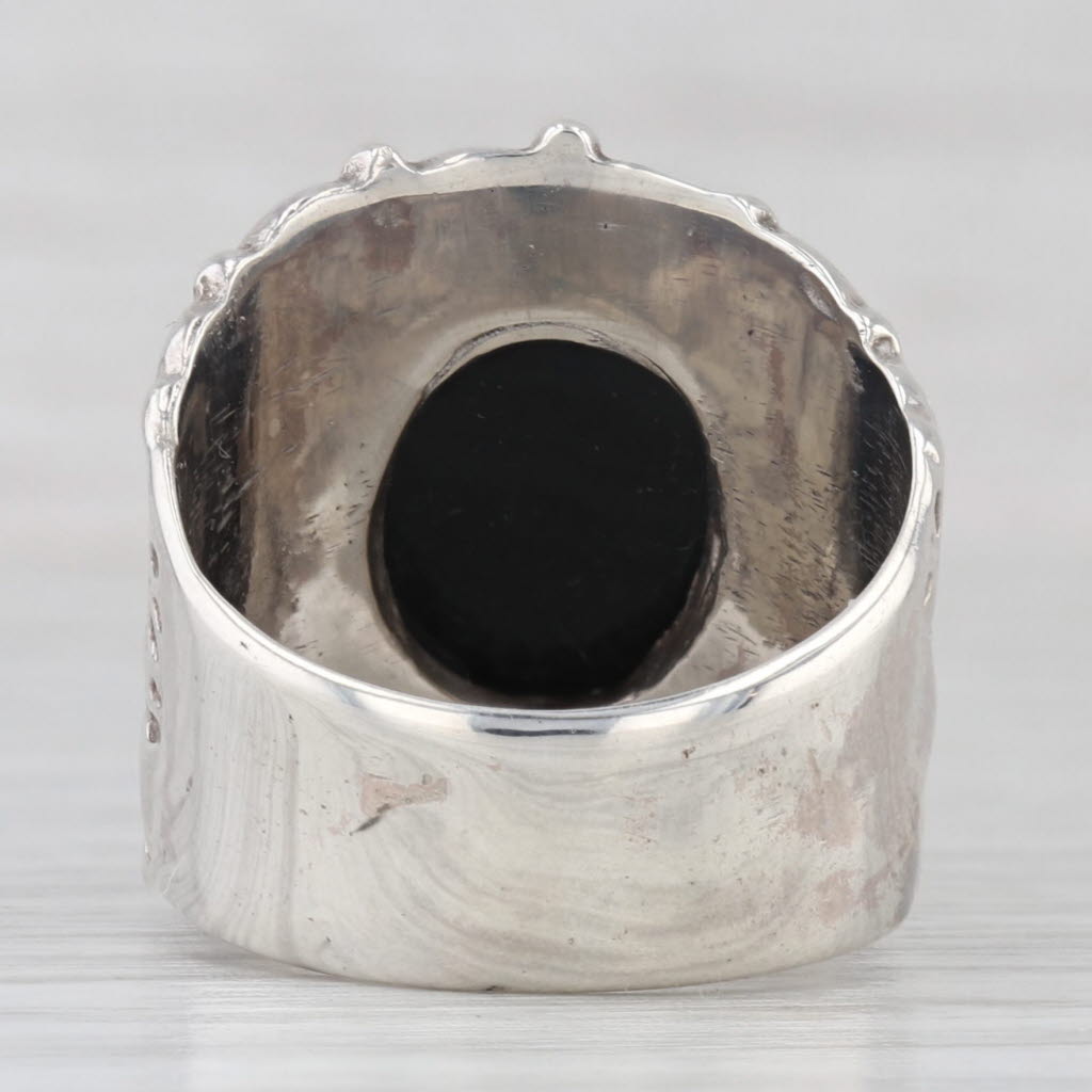 Light Gray Onyx Oval Cabochon Solitaire Statement Ring Sterling Silver Size 6 Ornate
