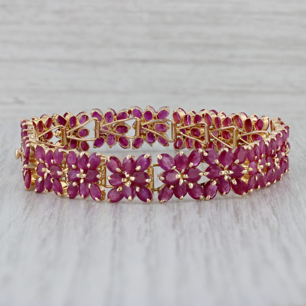 Gray 38ctw Ruby Flower Tennis Bracelet 14k Yellow Gold 7.5" 10.9mm