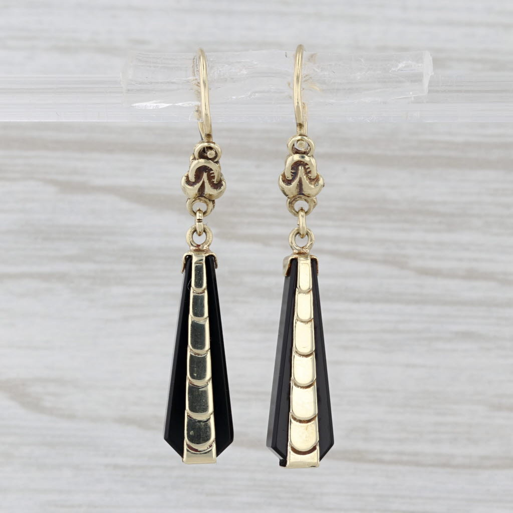 Antique Beveled Onyx Dangle Earrings 14k Yellow Gold Hook Posts