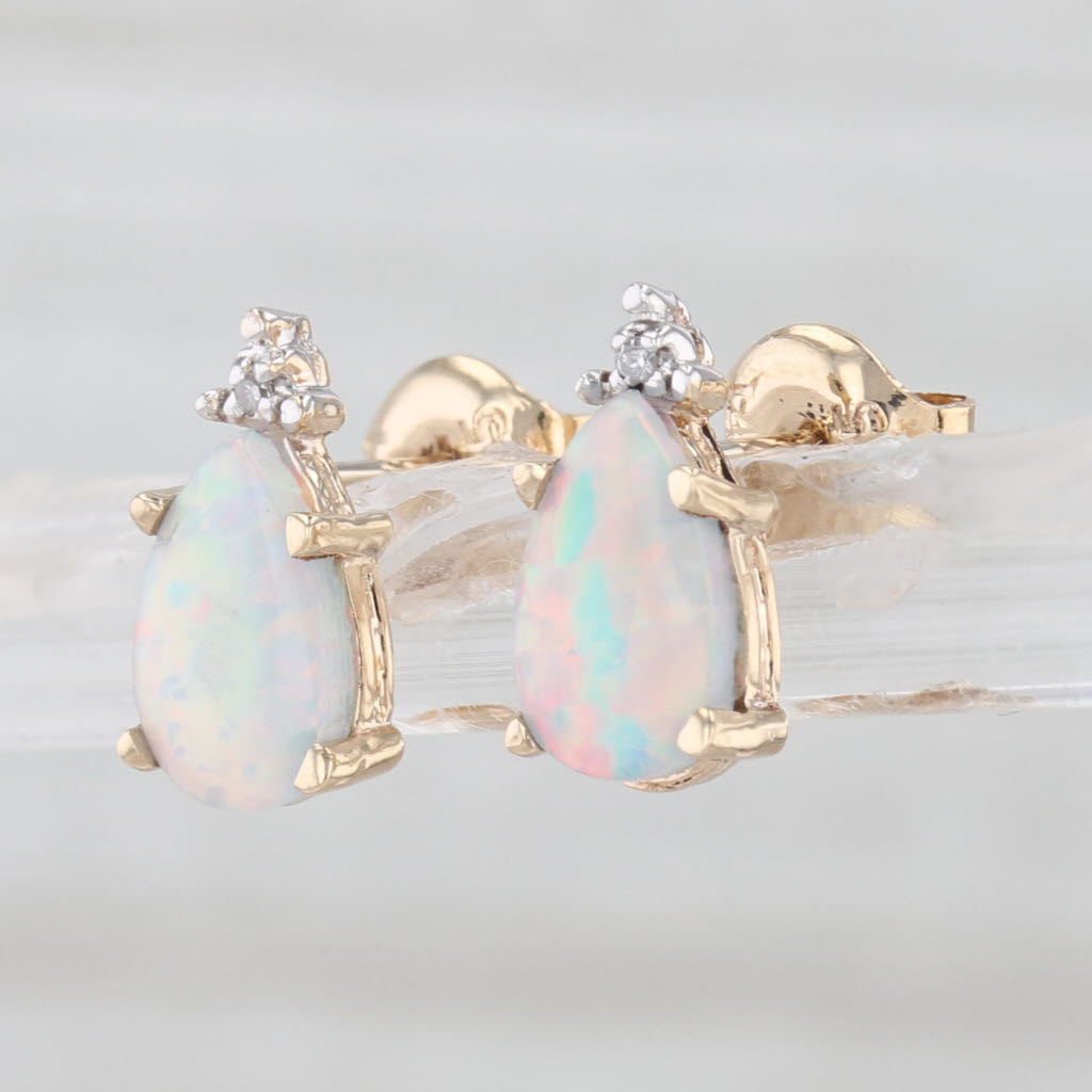 Lab Created Pearl Opal Diamond Stud Earrings 14k Yellow Gold Teardrop Studs