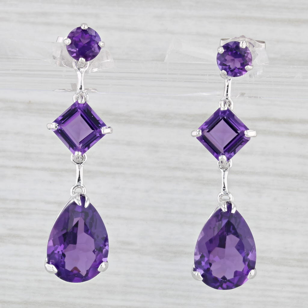 Light Gray 5.33ctw Amethyst Teardrop Dangle Journey Earrings 14k White Gold