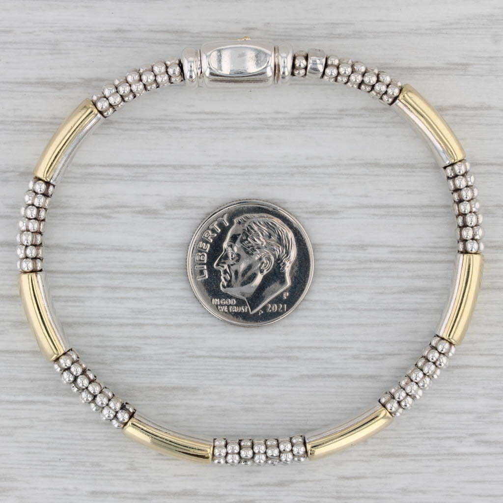 Gray Lagos Caviar Six Station Bracelet Sterling Silver 18k Gold Pouch Booklet 6.75"