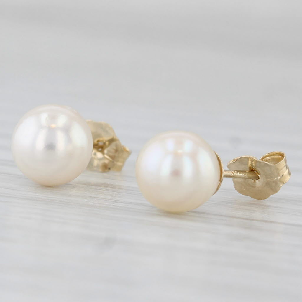 Light Gray 6.5mm Round Cultured Pearl Bead Stud Earrings 14k Yellow Gold
