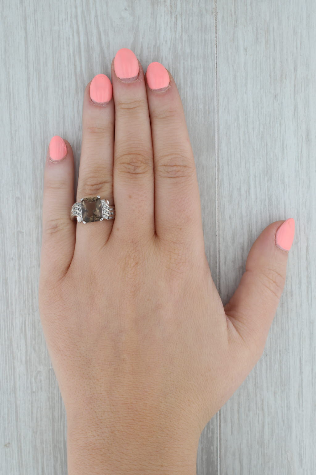 Dark Gray 3.47ctw Smoky Quartz Diamond Ring 10k White Gold Size 7