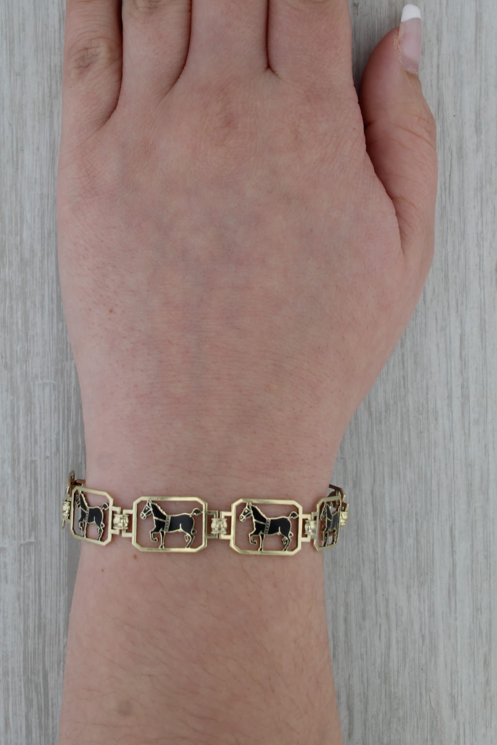 Vintage Black Enamel Horse Panel Bracelet 14k Yellow Gold 6.75" 12.1mm