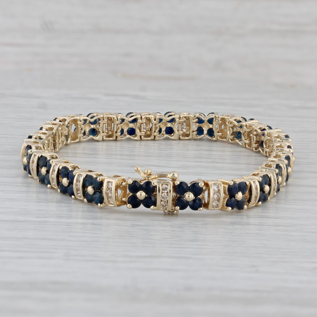 Gray 5.49ctw Blue Sapphire Flower Diamond Tennis Bracelet 14k Yellow Gold 6.75"