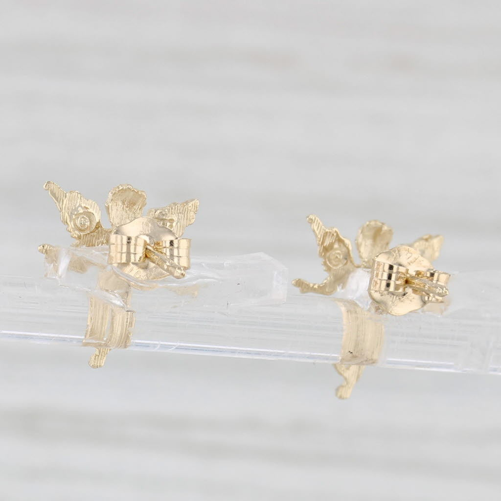 Light Gray Cherub Guardian Angel Stud Earrings 14k Yellow Gold