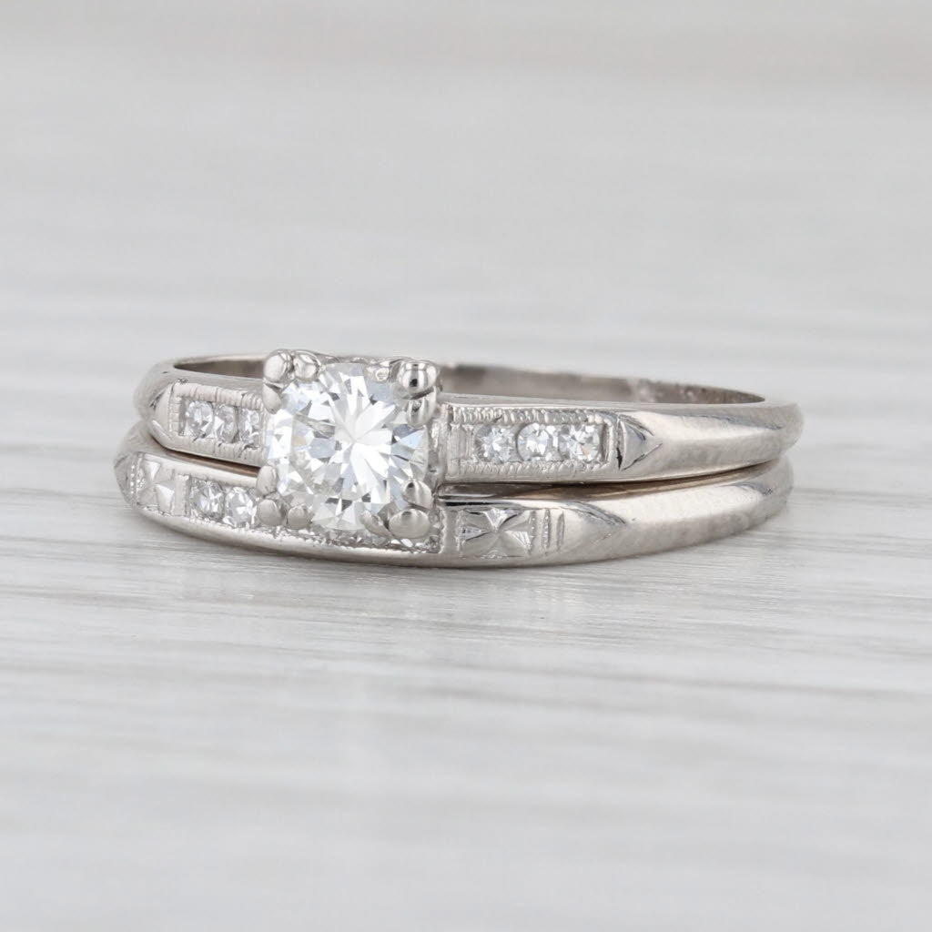 Vintage 0.39ctw Diamond Engagement Ring Wedding Band Bridal Set Platinum Sz 5.5