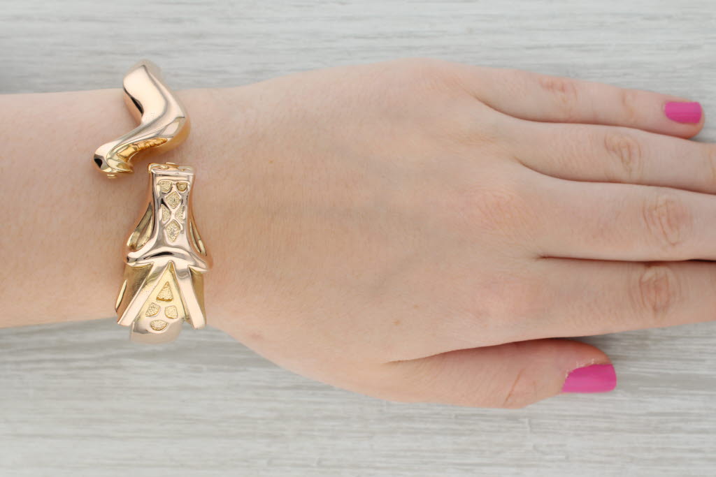 Tan Detailed Dragon Bangle Bracelet 14k Yellow Gold 6.5" Hinged Adjustable Statement