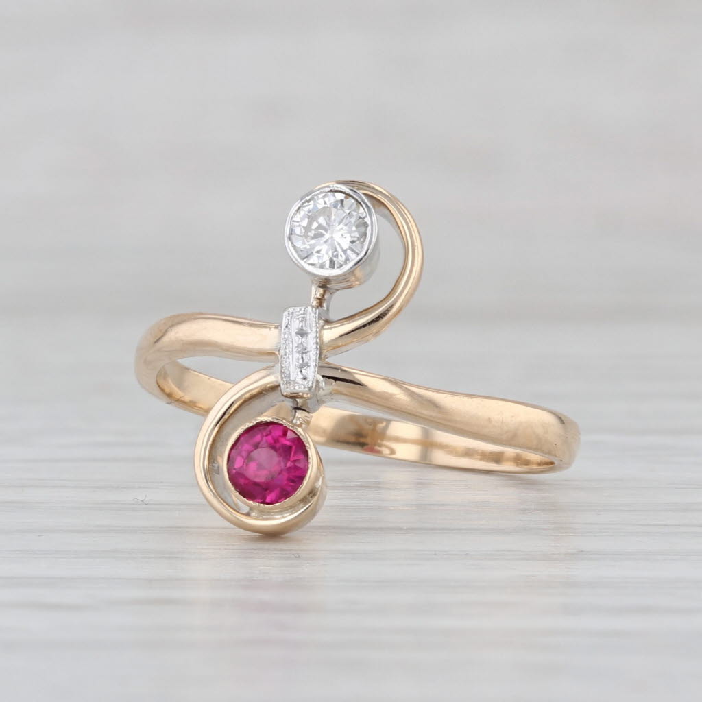 Lab Created Ruby Diamond Bypass Ring 14k Yellow Gold Size 7.25