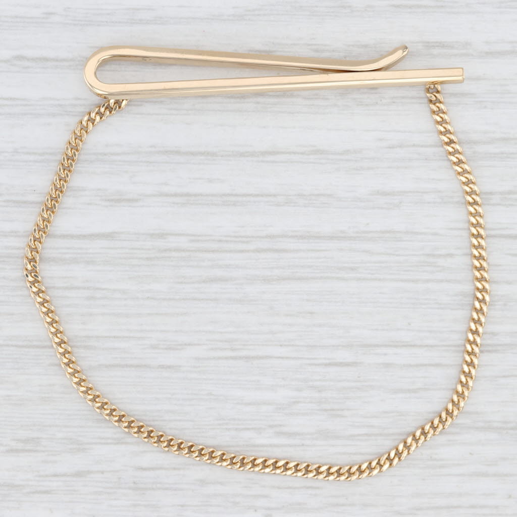 Light Gray Vintage Tiffany Tie Bar Clip with Chain 14k Yellow Gold Men's Suit Accessories
