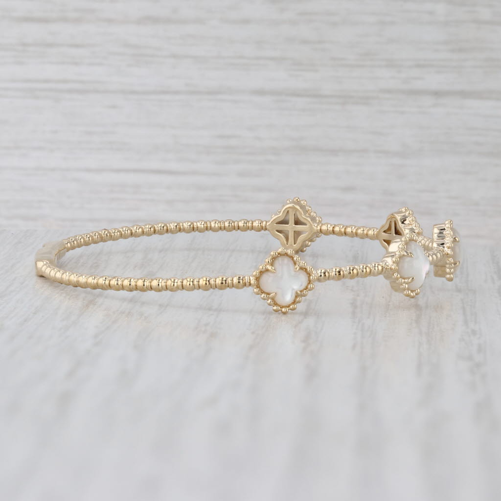 New Mother of Pearl Clover Bead Flexible Bangle Bracelet 14k Gold 6.5"