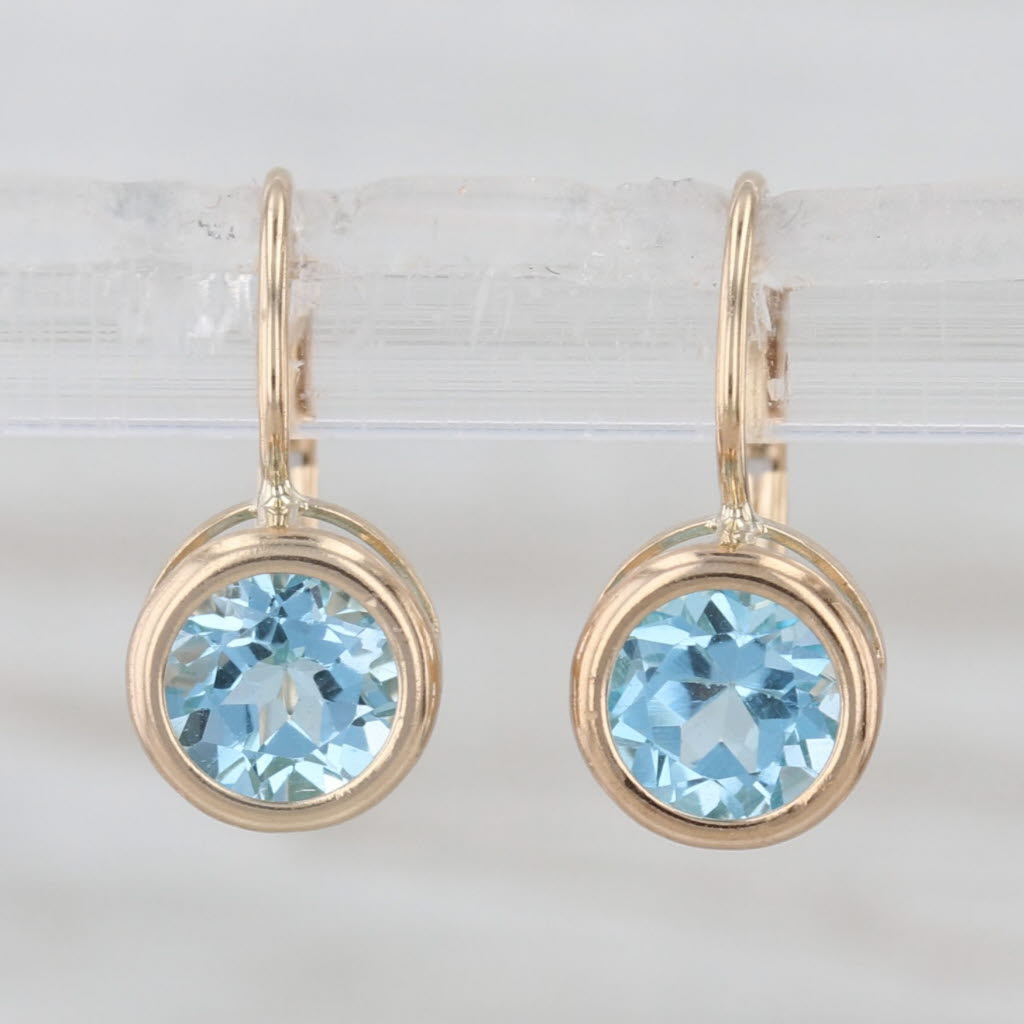 2ctw Blue Topaz Round Solitaire Drop Earrings 14k Yellow Gold Leverbacks