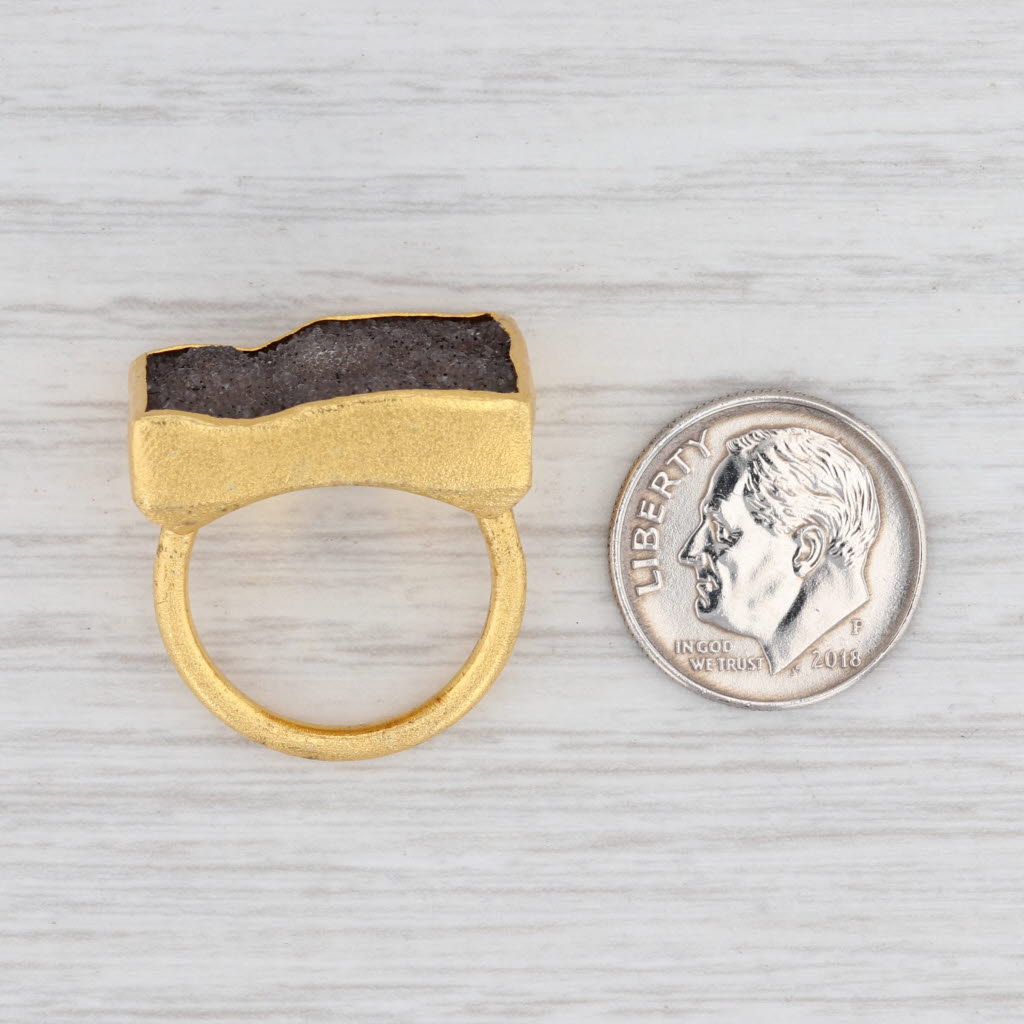 New Nina Nguyen Gray Druzy Quartz Ring Sterling Silver 22k Gold Vermeil Size 6
