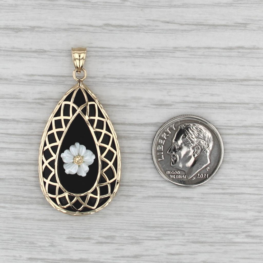 Teardrop Onyx Mother of Pearl Flower Pendant 14k Yellow Gold Statement