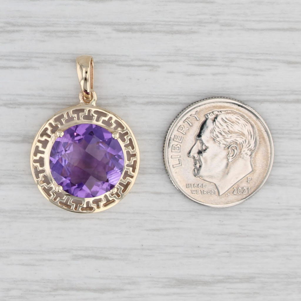 Light Gray 5ct Round Amethyst Solitaire Pendant 10k Yellow Gold Greek Key Pattern