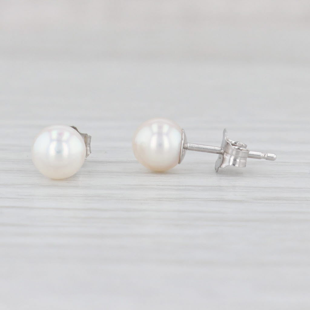 Light Gray New Cultured Pearl Stud Earrings 14k Yellow Gold 5.4mm Round Bead Solitaires