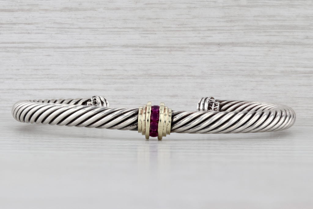 Light Gray David Yurman 0.16ctw Ruby 5mm Cable Cuff Bracelet Sterling Silver 14k Gold 6.5"