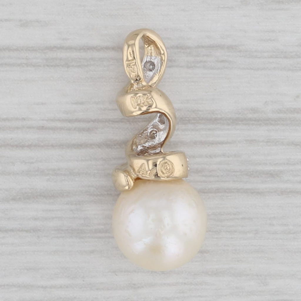 Gray Diamond Swirl Cultured Pearl Pendant 14k Yellow Gold Small Drop