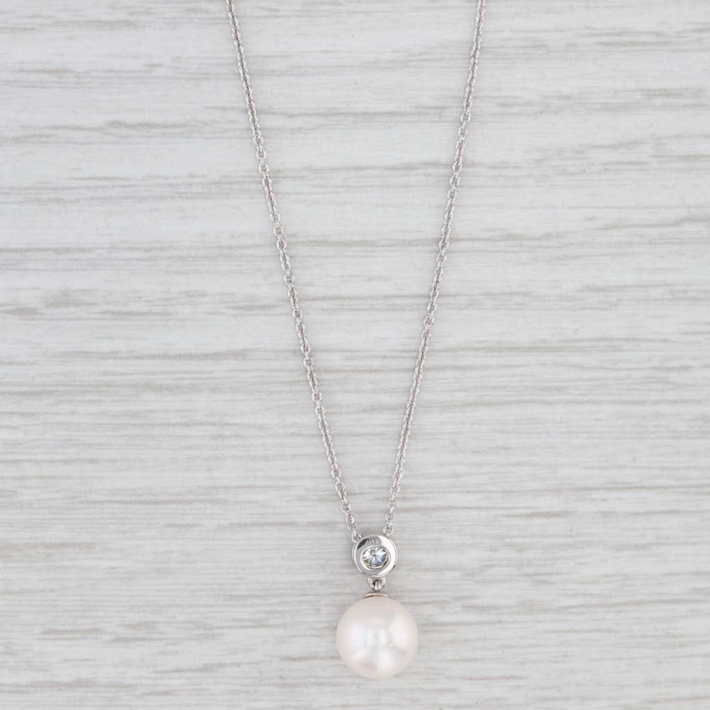 Light Gray Cultured Pearl 0.17ct Diamond Pendant Necklace 14k White Gold Adjustable Chain