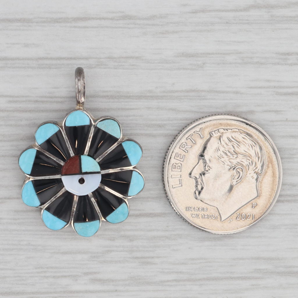 Gray Native American Zuni Flower Pendant Sterling Silver Glass Quartz Turquoise RJV