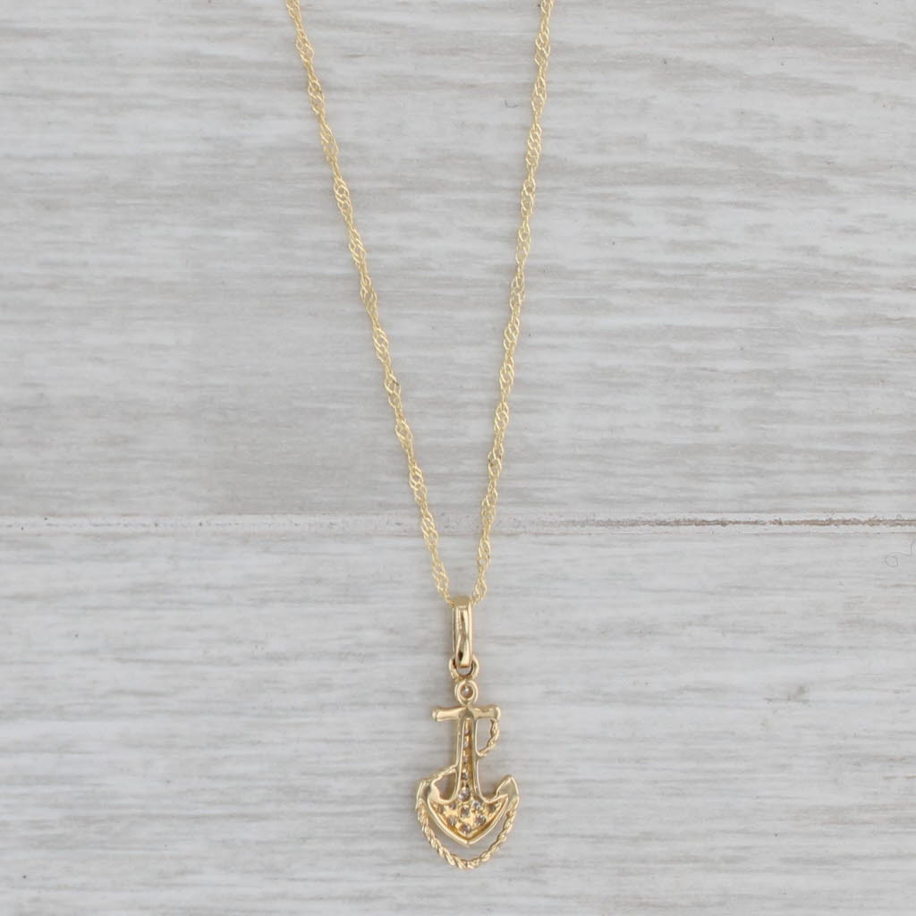 Gray New Small Diamond Anchor Pendant 14k Yellow Gold 18" Singapore Chain