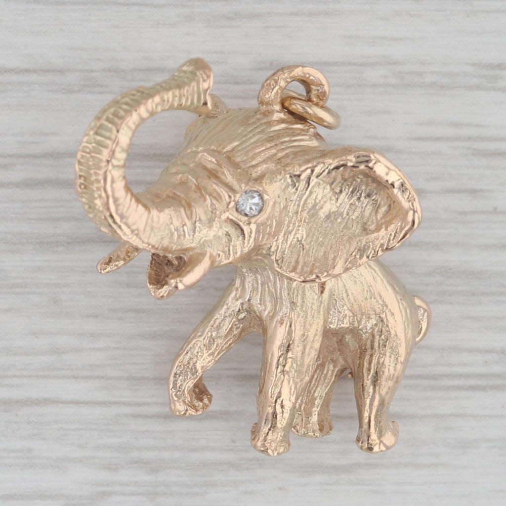 Gray Diamond Eyed Baby Elephant Charm 12k Yellow Gold Figural Figurine Animal Jewelry