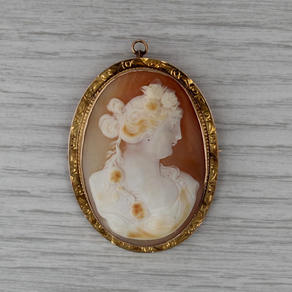 Antique Carved Shell Cameo Brooch 10k Yellow Gold Pin Pendant