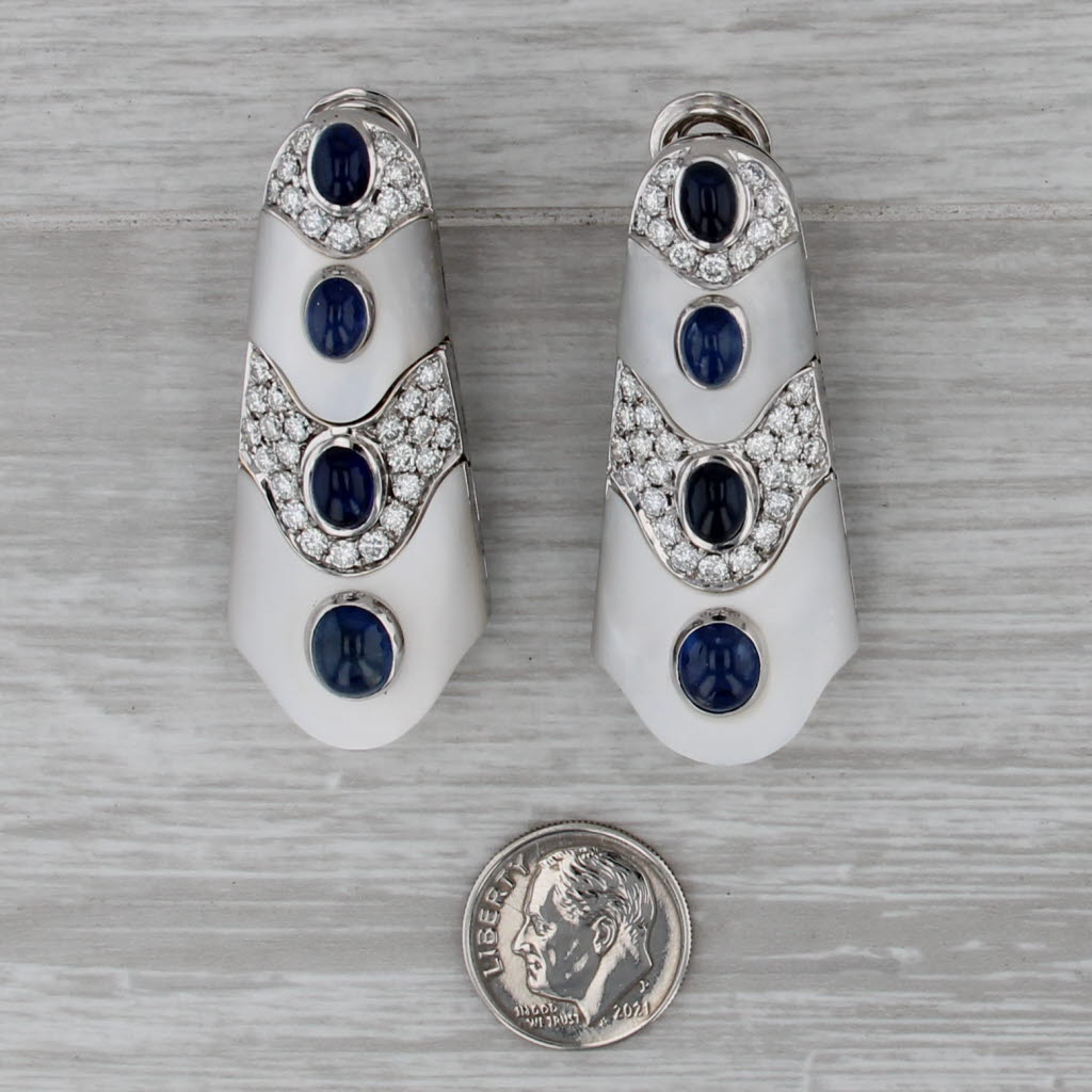 Sapphire Mother of Pearl Diamond Earrings 18k Gold Statement Drop Clip On