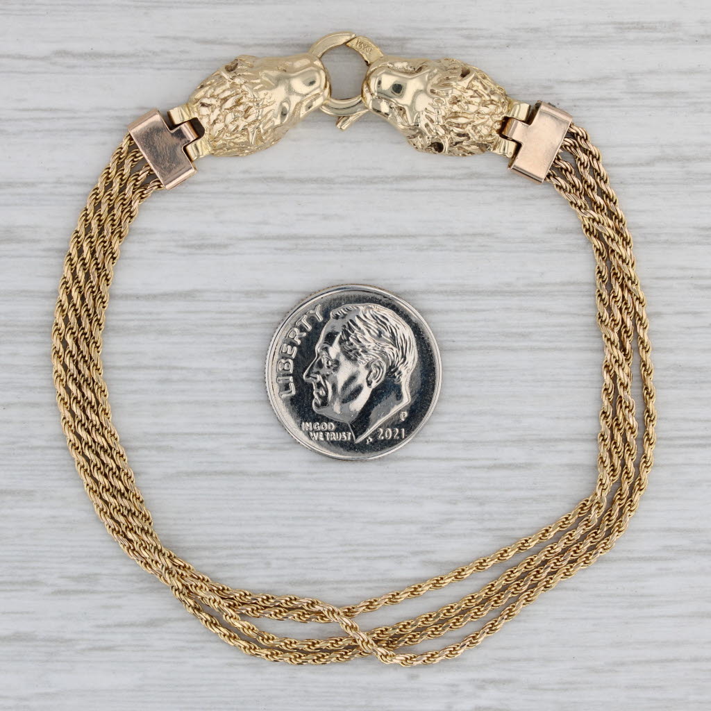 Gray Lion Heads Rope Chains Bracelet 14k Yellow Gold 7" Multistrand Statement