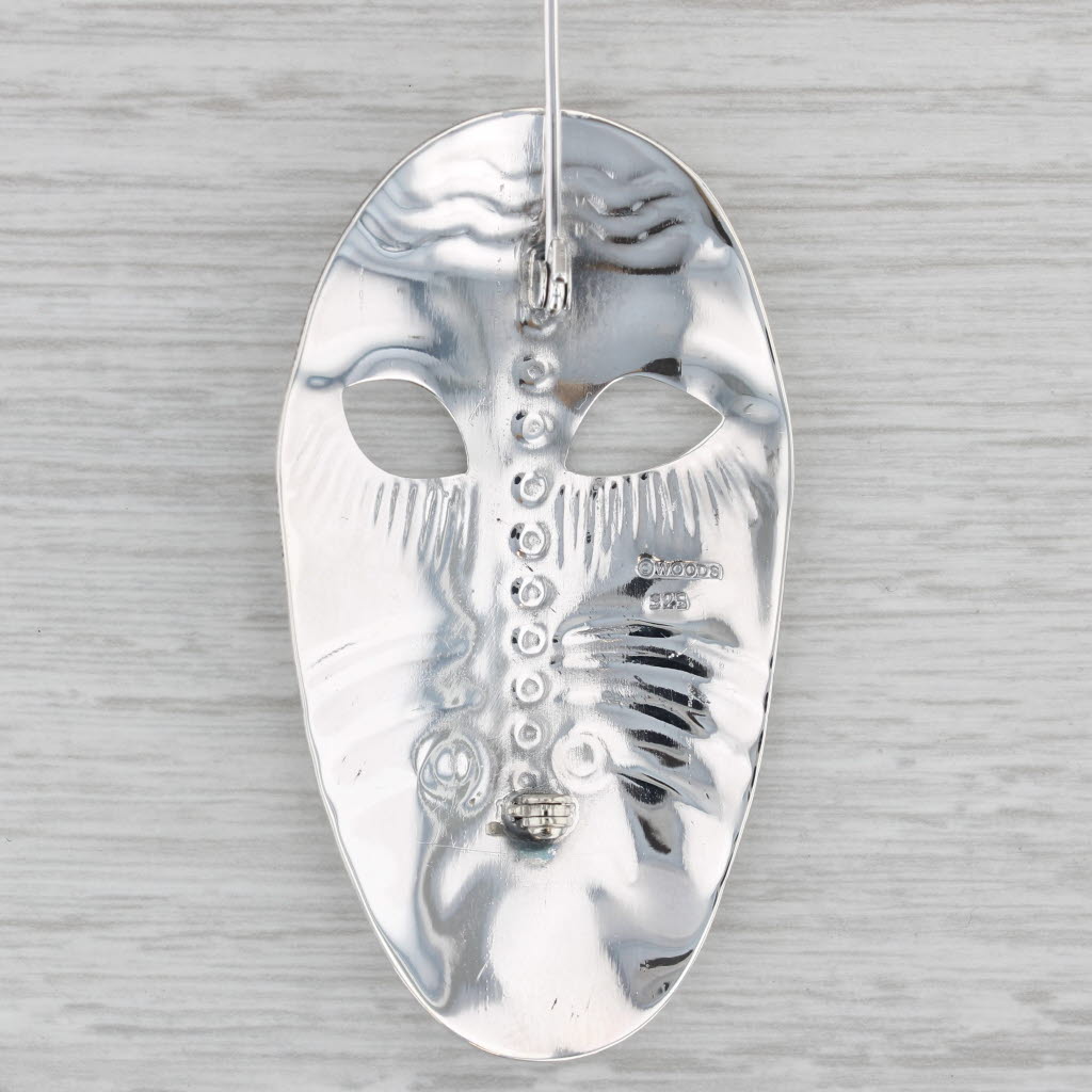 Gray Tribal Mask Statement Brooch Sterling Silver Pin Vintage Woods