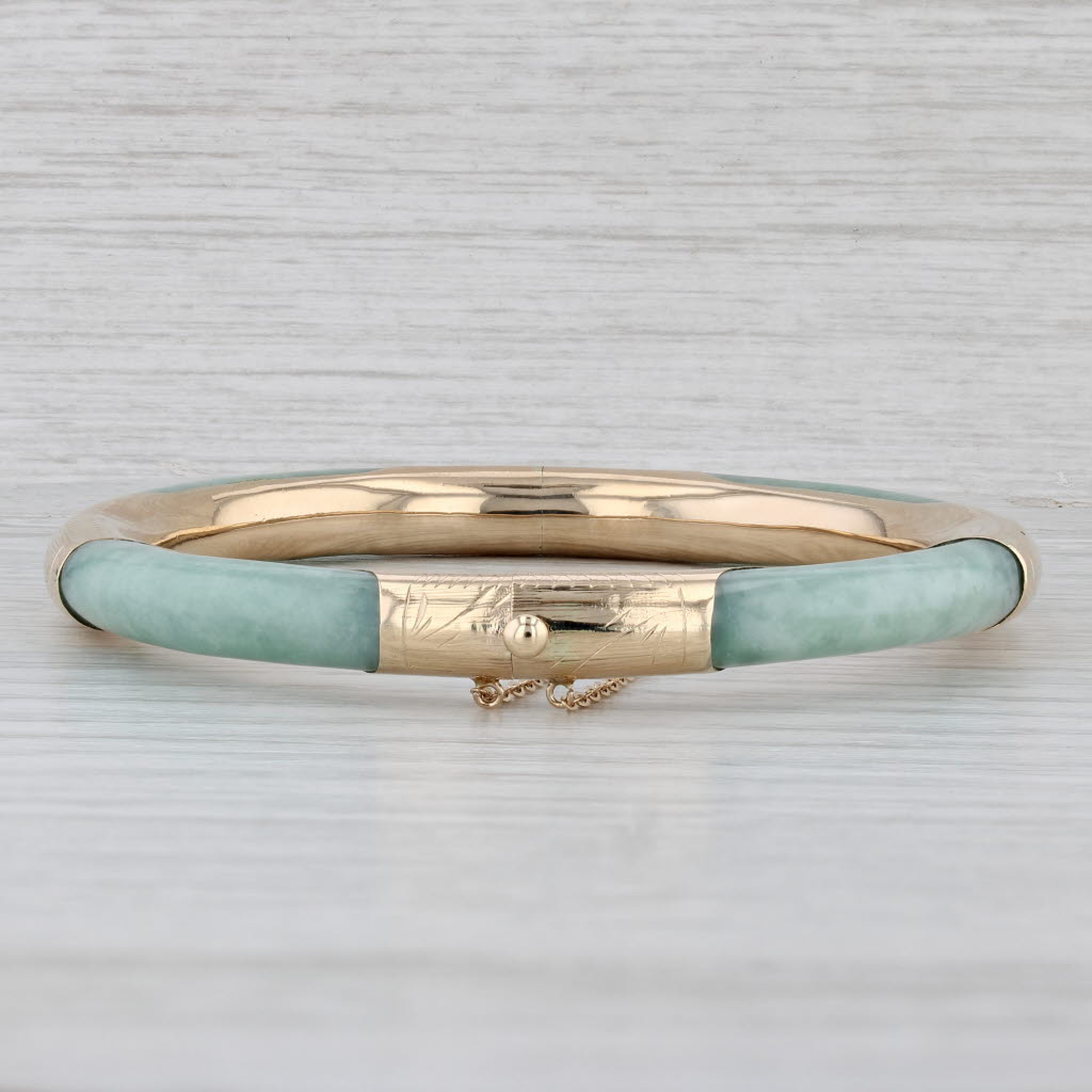 Gray Green Jadeite Jade Bangle Bracelet 10k Yellow Gold 7" 7mm