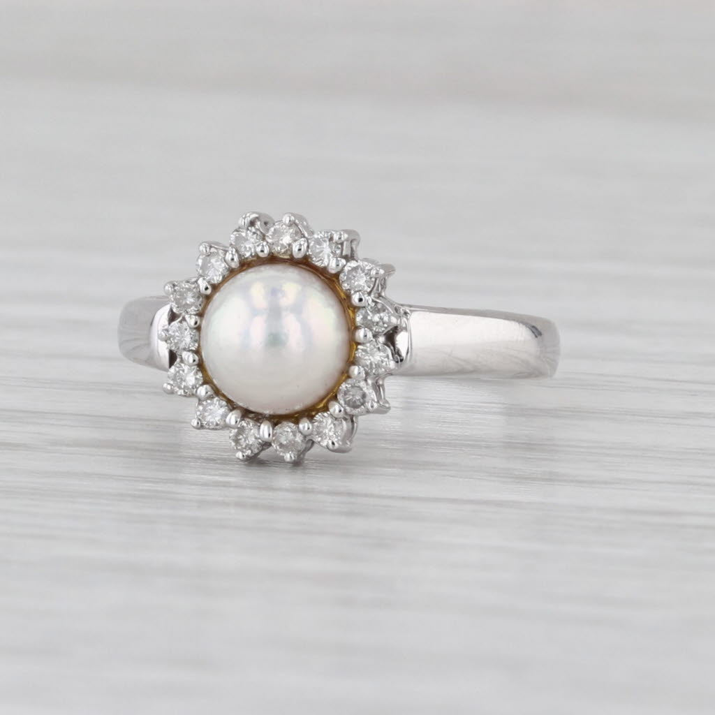 6mm Cultured Pearl Diamond Halo Ring 10k White Gold Size 5.5