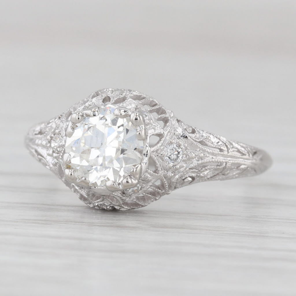 Light Gray 0.88ctw Old European Diamond Ring Platinum Size 6.5 Vintage Ornate Filigree