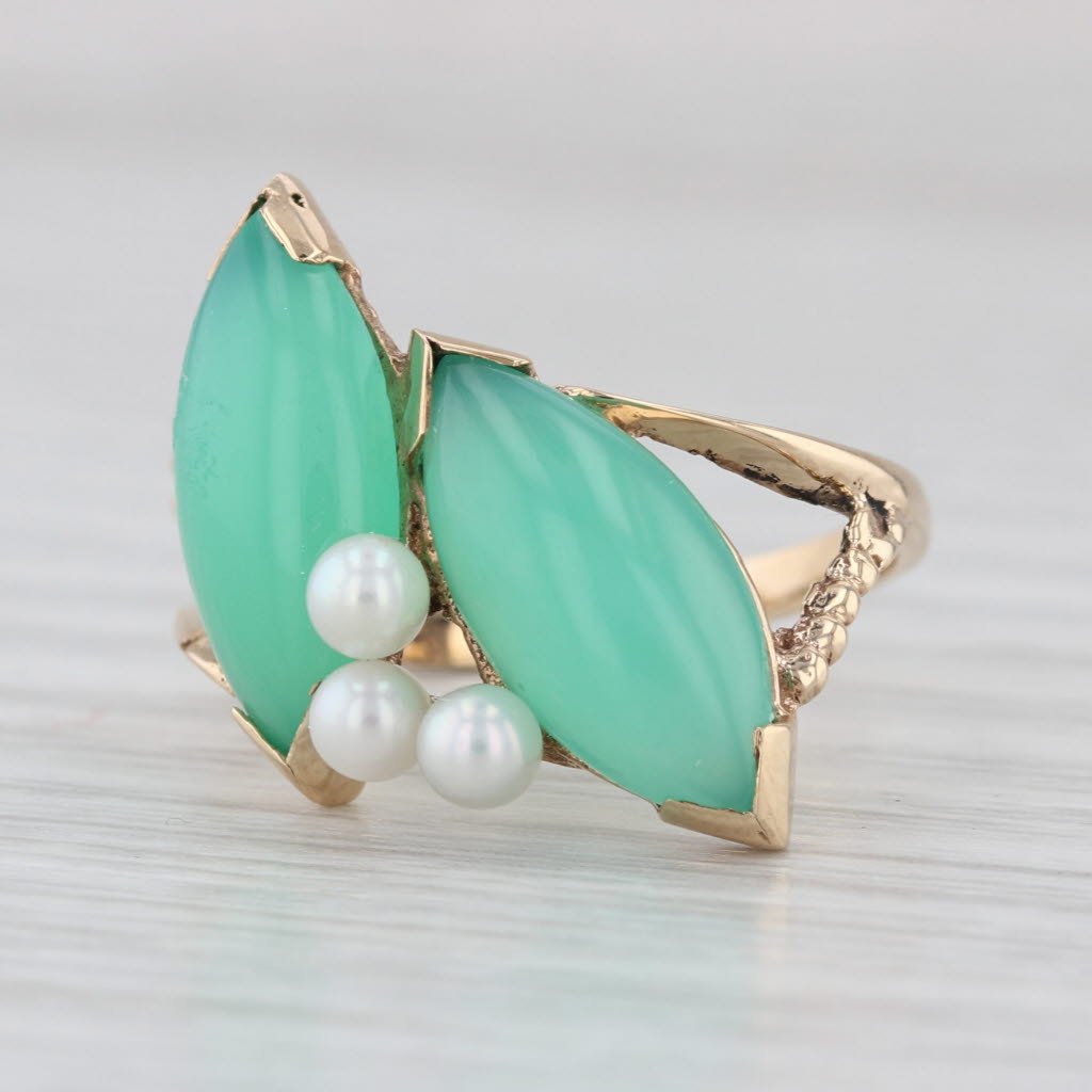 Green Chrysoprase Cultured Pearl Bypass Ring 10k Yellow Gold Size 7.5