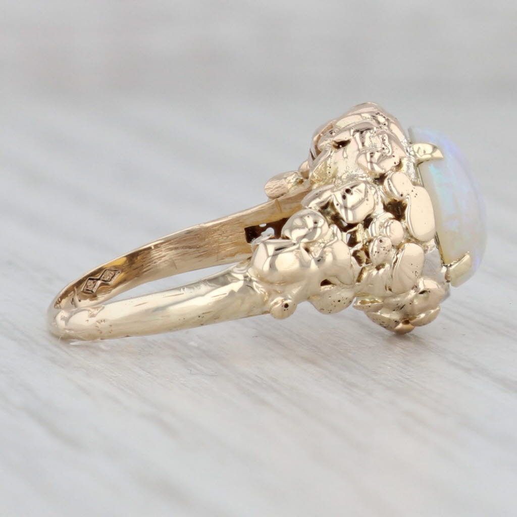 Gray Vintage Opal Gold Nugget Ring 14k Yellow Gold Size 4.75 Oval Cabochon Solitaire