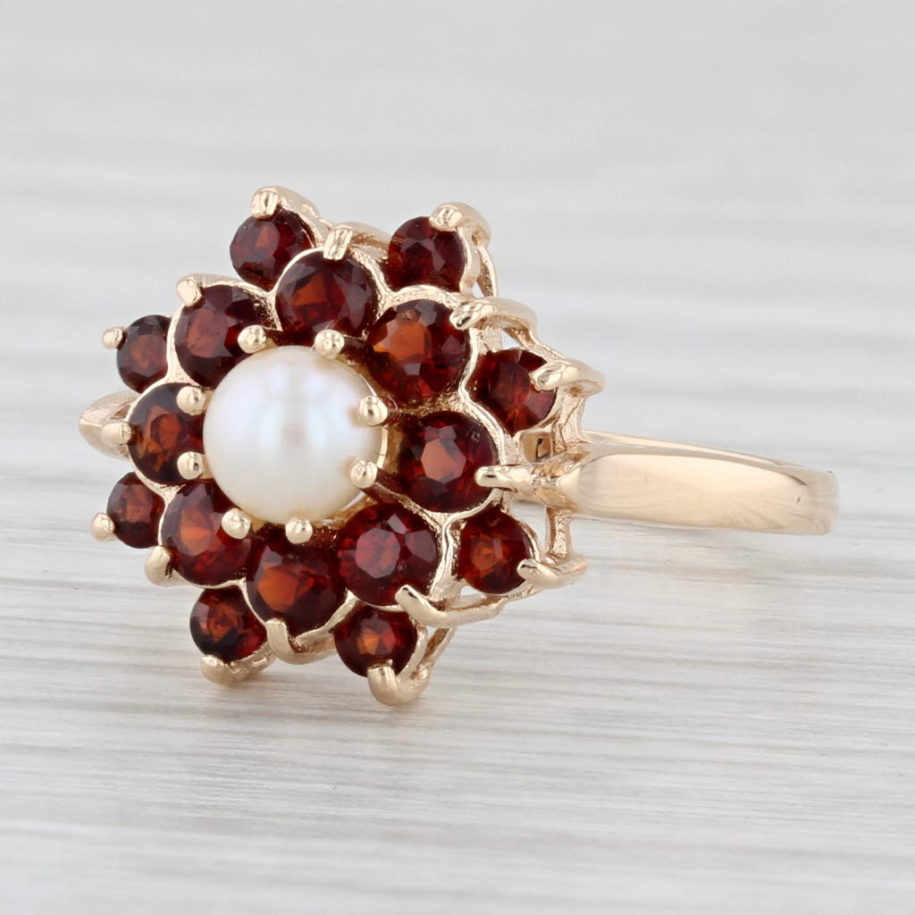 Light Gray Cultured Pearl Garnet Flower Ring 14k Yellow Gold Size 6.75