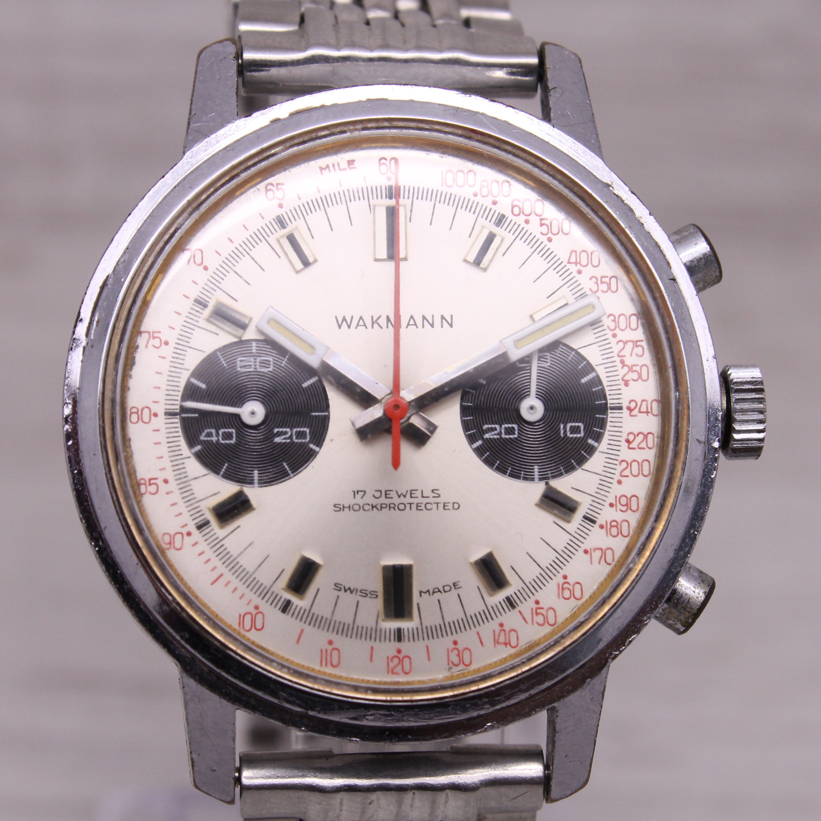 Rosy Brown Vintage Wakmann Mens 37mm Steel Back Chronograph Watch Valjoux 23 Panda Dial