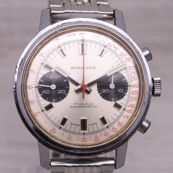 Vintage Wakmann Mens 37mm Steel Back Chronograph Watch Valjoux 23 Panda Dial