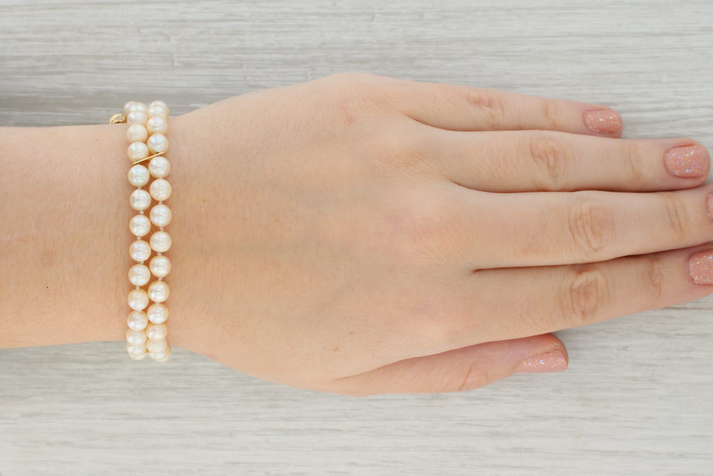Tan Cultured Pearl Diamond Bead Strand Bracelet 14k Yellow Gold 7"