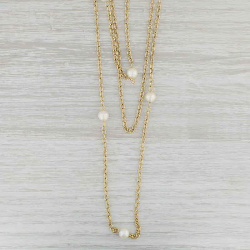 3-Chain Cultured Pearl Lariat Necklace 14k Yellow Gold Cable Chain 17"