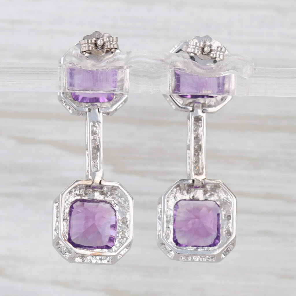 4.16ctw Amethyst Diamond Halo Drop Earrings 10k White Gold